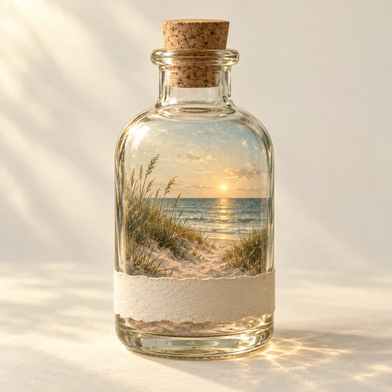 A warm glass bottle holding a tiny sunset world