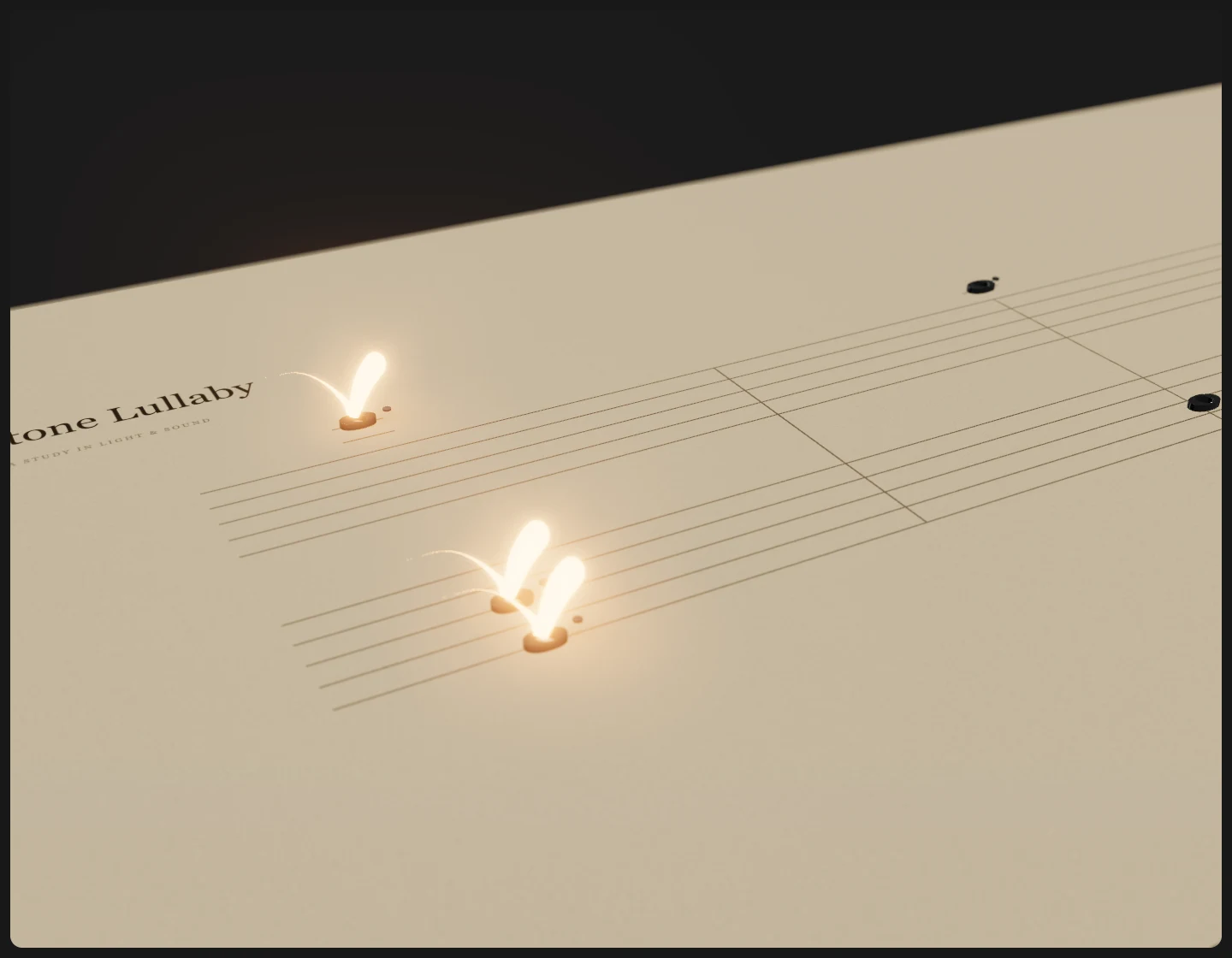 Glowing amber notes moving across a paper music score