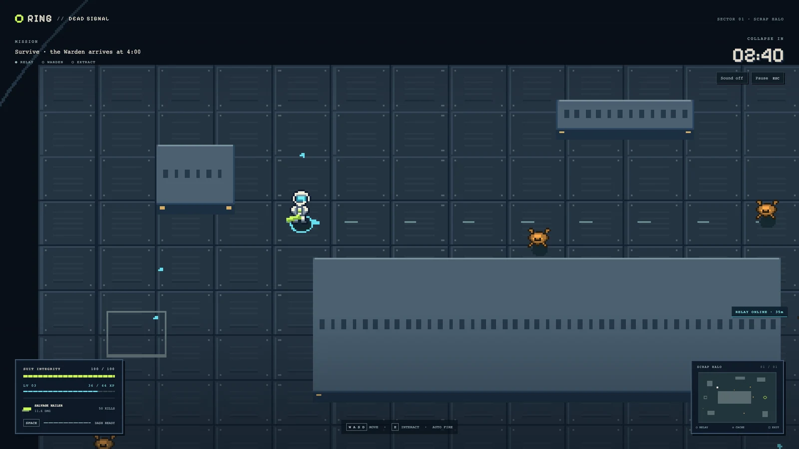 RING gameplay showing a salvage suit surrounded by enemies on the orbital wreck, with the relay online